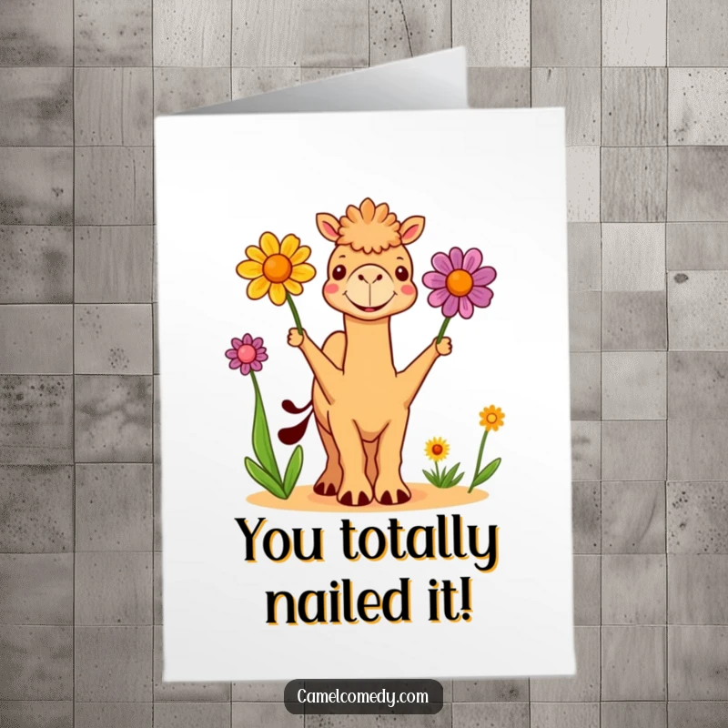 Funny Free Printable Congratulations Card: A cute camel excitedly juggles three colorful desert flowers, celebrating a big win.
