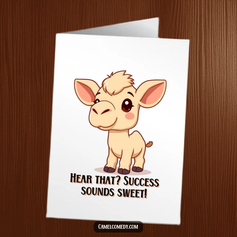 Funny Free Printable Congratulations Card: A Kawaii camel tilting its head, large ears listening, conveying supportive congratulations.