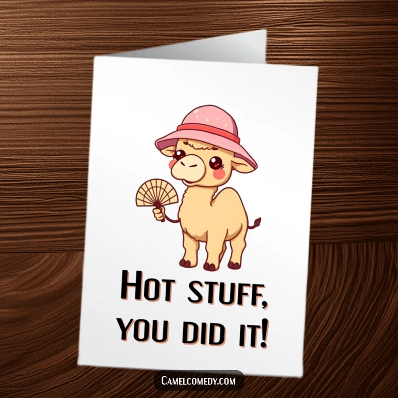 Funny Free Printable Congratulations Card: Kawaii camel in a bucket hat, fanning itself, celebrating a cool achievement.