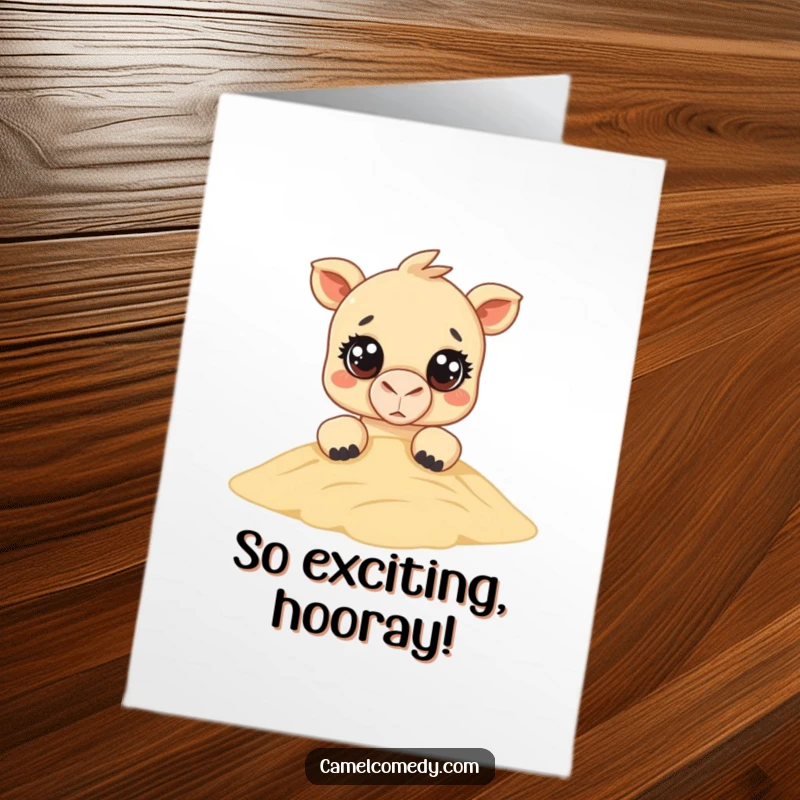 Funny Free Printable Congratulations Card: A kawaii camel with wide eyes peeks over a sand dune, celebrating your big win.
