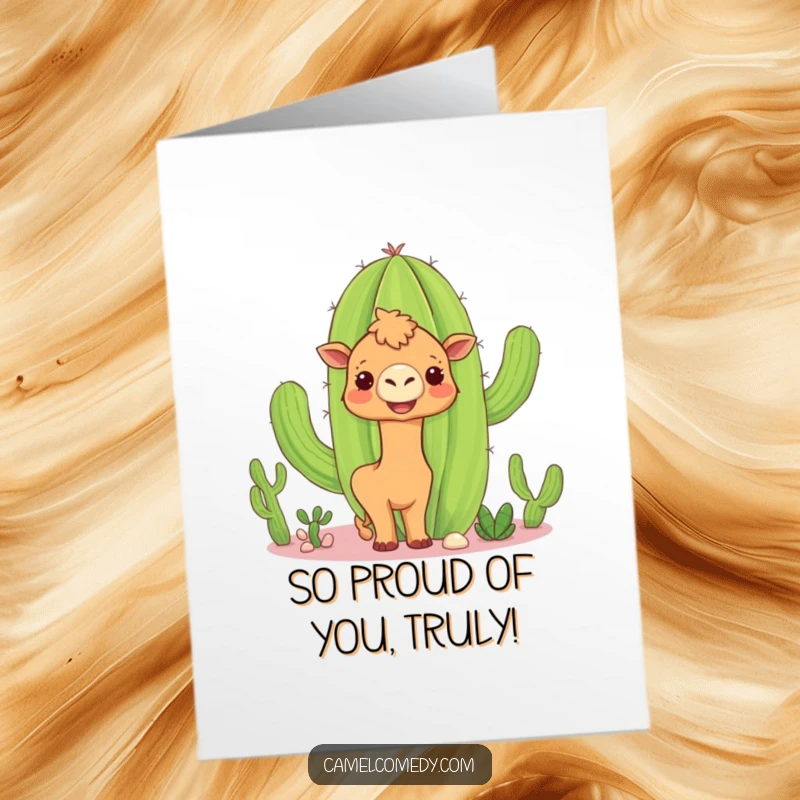 Funny Free Printable Congratulations Card: A curious camel investigates a giant, smiling cactus, adding humor to achievements.