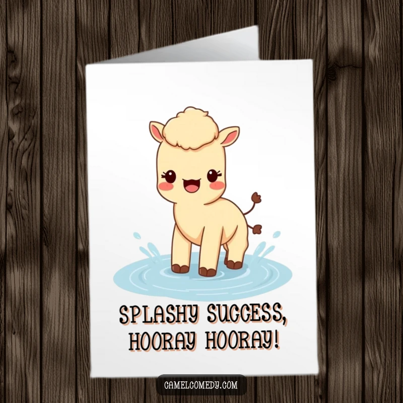 Funny Free Printable Congratulations Card: A delighted Kawaii camel splashing playfully in a water puddle, celebrating.