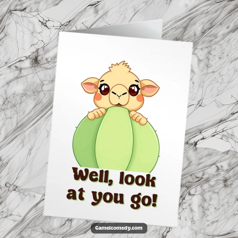 Funny Free Printable Congratulations Card: A camel looking shocked, peeking over a massive cactus. Unexpected joy!