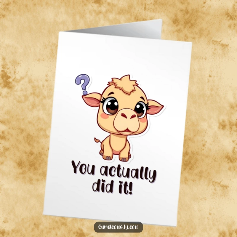 Free Printable Congratulations Card: A wide-eyed, surprised camel stares up at a hovering question mark, expressing mild bewilderment.