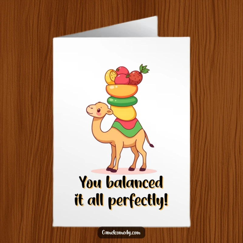 Funny Free Printable Congratulations Card: A cute Kawaii camel balancing a stack of desert fruits, celebrating success.