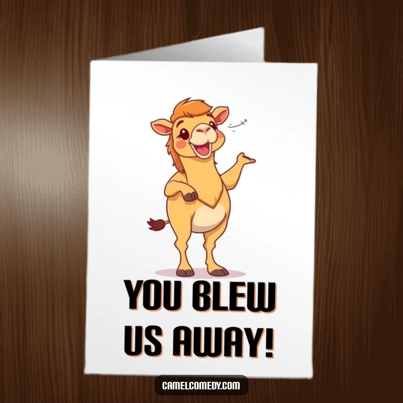 Funny Free Printable Congrats Card: Camel dances exuberantly amidst desert winds, celebrating a momentous achievement with style.