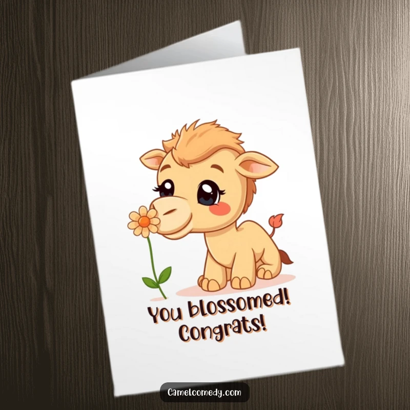 Funny Free Printable Congratulations Card: A camel with a big smile enthusiastically sniffs a vibrant flower, celebrating good news.