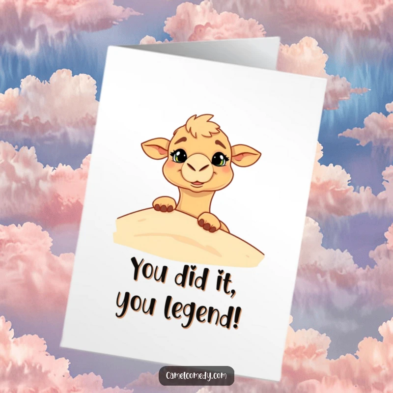Funny free printable congratulations card showing a camel with a goofy grin peeking from behind a desert sand dune.