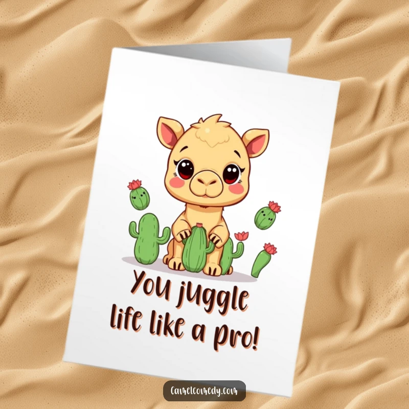 Funny Free Printable Congratulations Card: Kawaii camel skillfully juggling three small cacti, celebrating a big win.