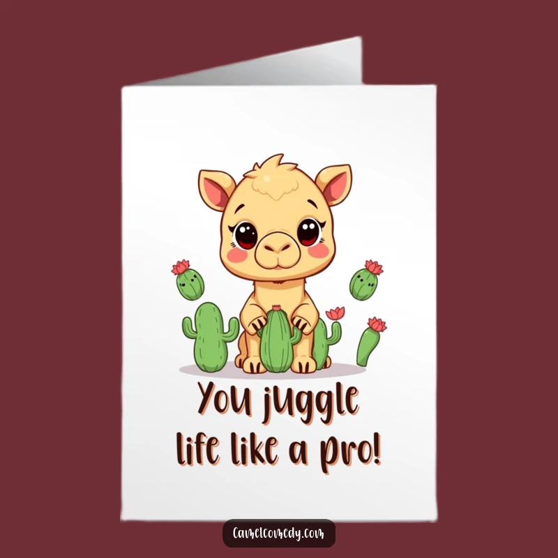 Free Printable Congrats Card: Kawaii Camel Cactus Juggling Success Download