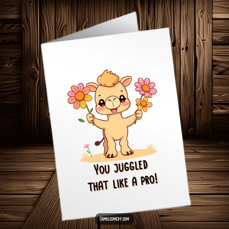 Free Printable Congratulations Card: A humorous camel is busy juggling colorful desert flowers, perfect for celebrating any big event.