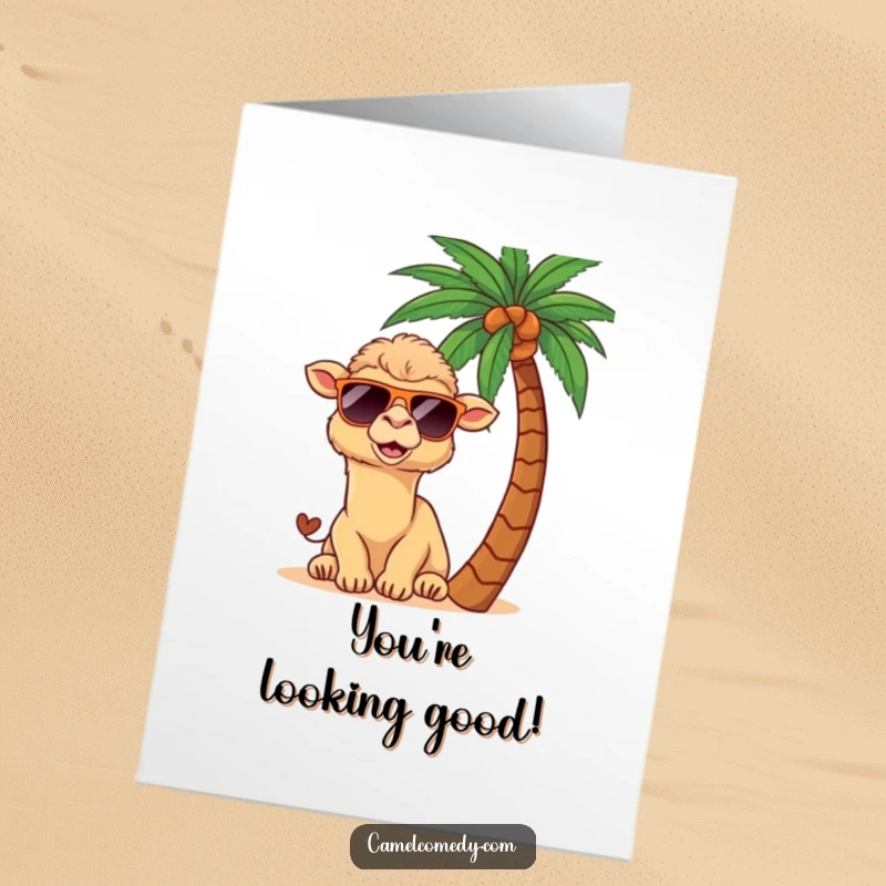 Funny Free Printable Congratulations Card: A kawaii camel hidden by a palm tree wears cool sunglasses with a hint of mischief.