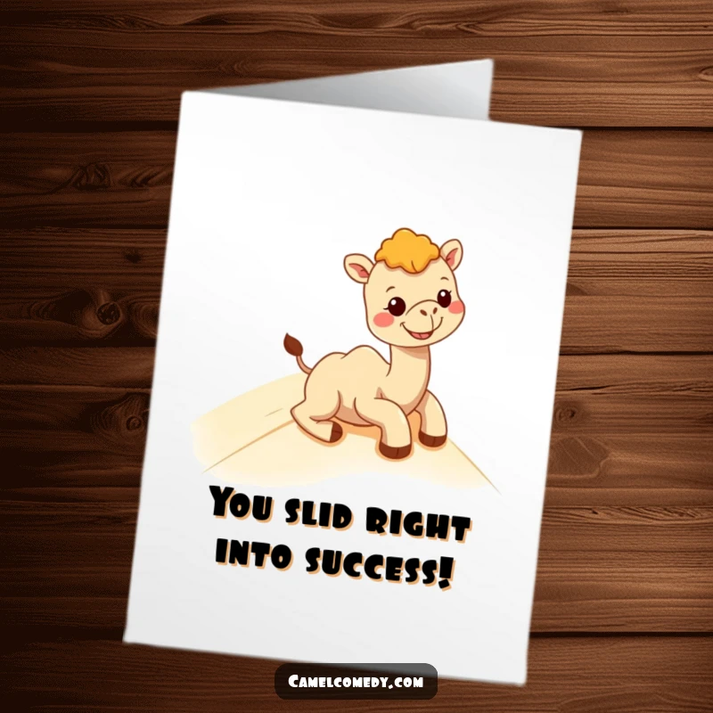 Funny Free Printable Congratulations Card: A joyful kawaii camel is captured mid-slide down a sand dune.