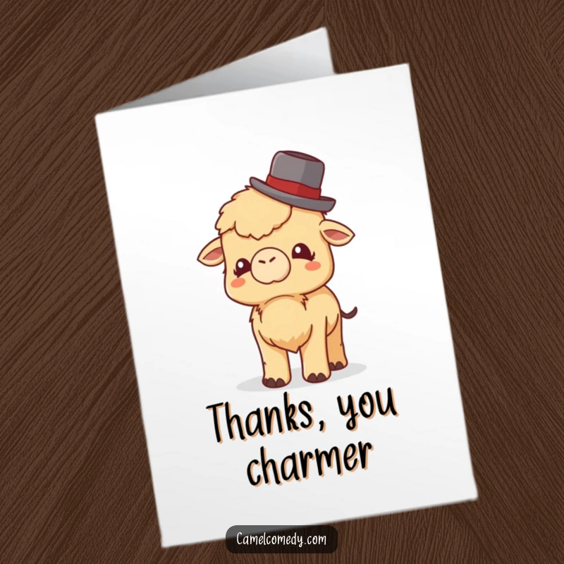 Funny Free Printable Thank You Card: A little camel tips its tiny bowler hat with a soft giggle, conveying thanks.