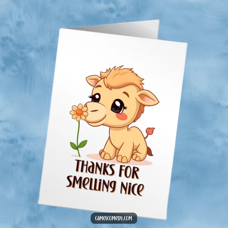 Free Printable Thank You Card: A camel with a wide smile lovingly sniffs a beautiful flower, conveying heartfelt appreciation.