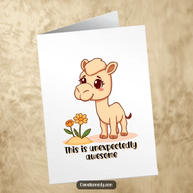Funny Free Printable Thank You Card: A camel appears perplexed by a lone desert flower, sending thanks with a twist.
