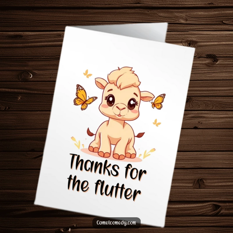 Funny Free Printable Thank You Card: A camel with wide eyes playfully chases a butterfly, a fun way to say thanks.