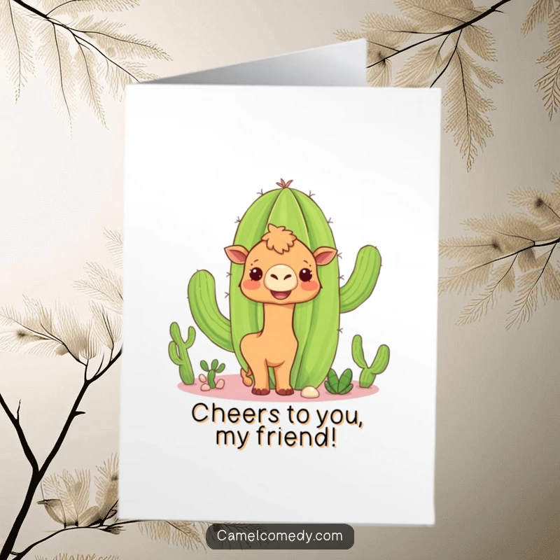 Funny Free Printable Thank You Card: A curious camel peeks around a grinning cactus, perfect for showing appreciation.