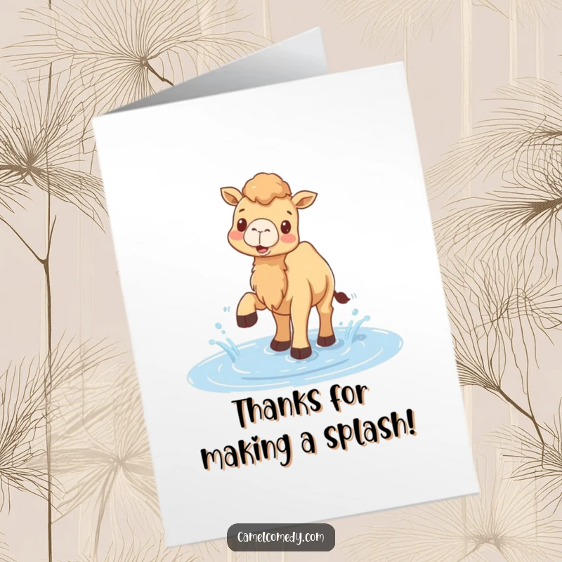 Funny Free Printable Thank You Card: A happy camel enthusiastically splashing water, expressing heartfelt thanks.