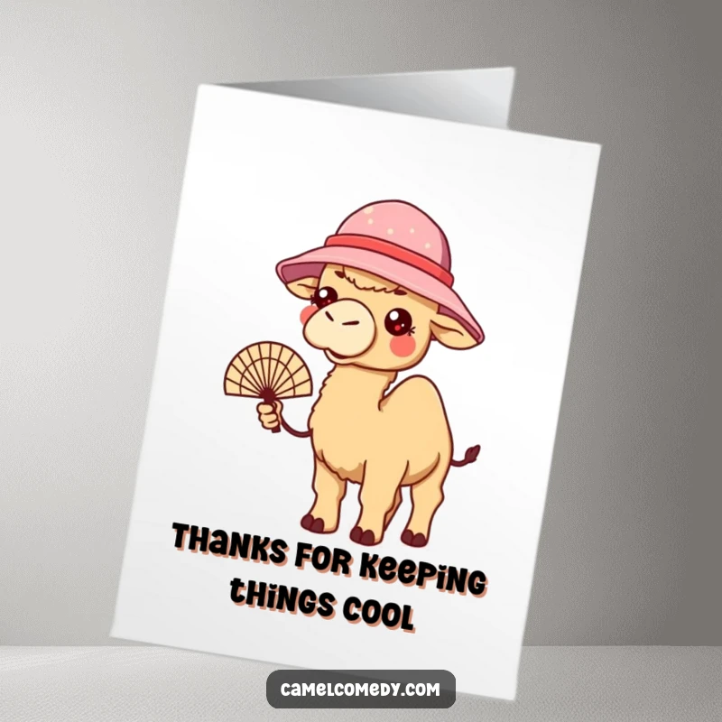 Funny Free Printable Thank You Card: Kawaii camel wearing a bucket hat, fanning itself, expressing thanks for kindness.