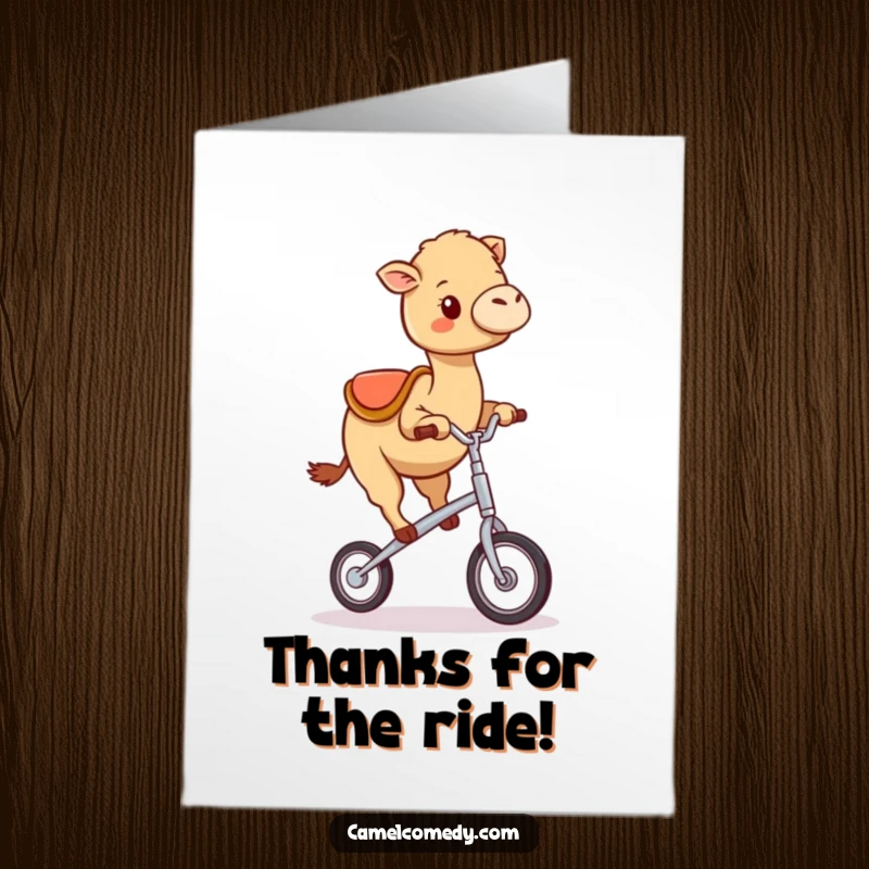 Funny Free Printable Thank You Card: A kawaii camel wobbles precariously but happily on a minuscule unicycle.