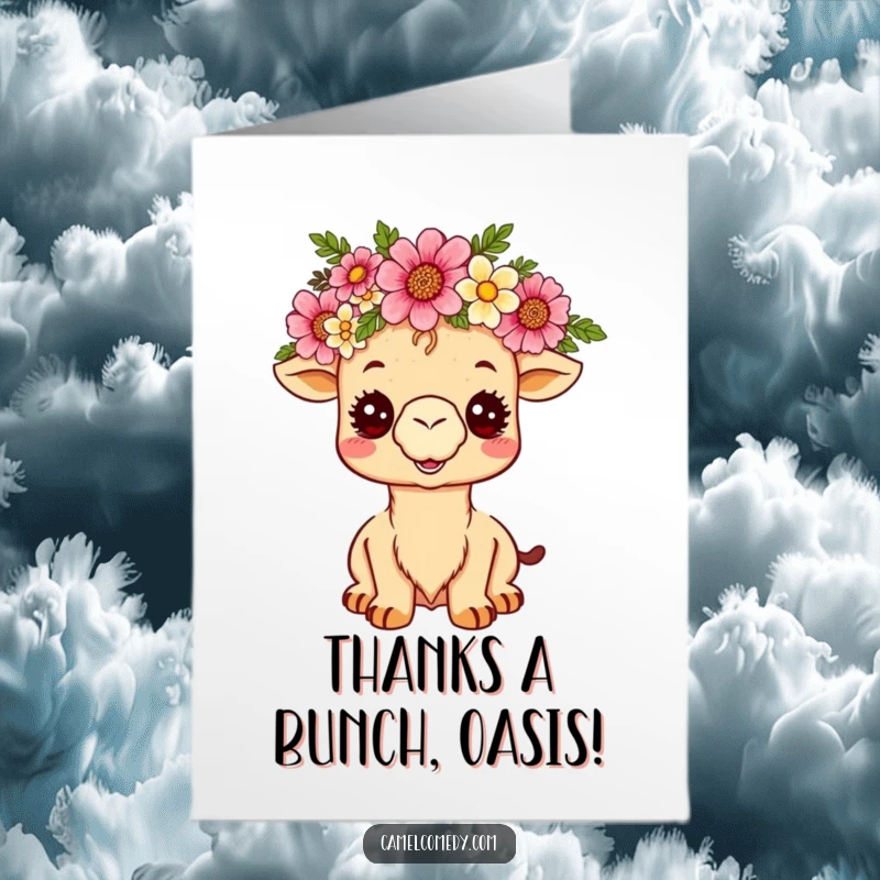 Funny free printable thank you card: A beaming kawaii camel adorned with a vibrant desert flower crown expresses heartfelt thanks.