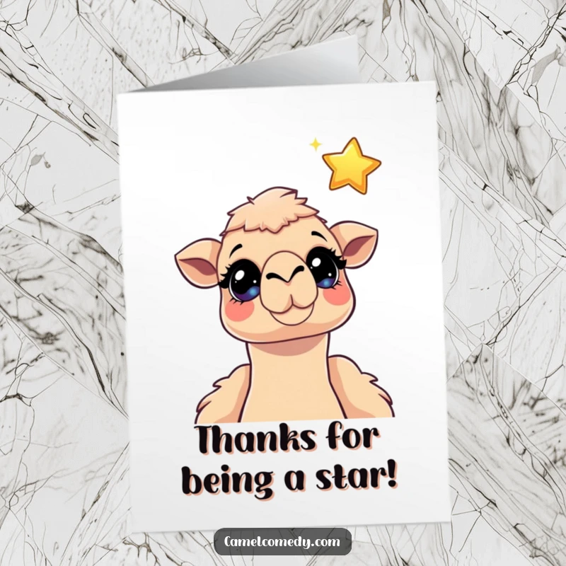 Funny Free Printable Thank You Card: Camel with wide, thankful eyes looking up at a whimsical floating star.