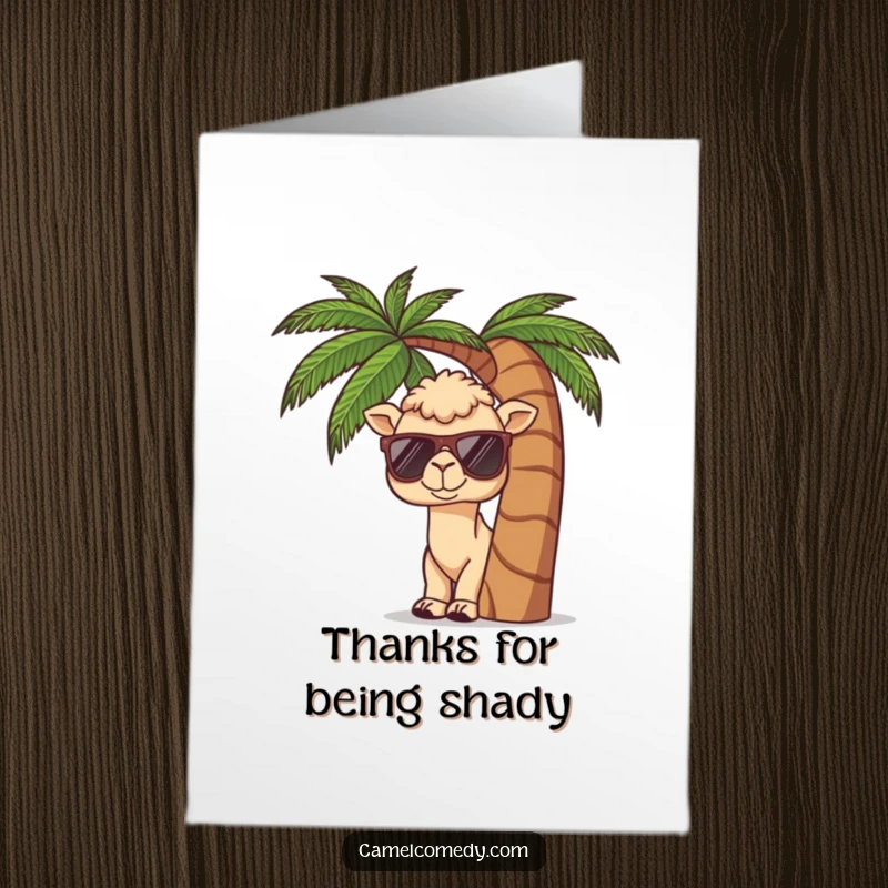 Funny Free Printable Thank You Card: Kawaii camel in sunglasses peeking from behind a palm tree, conveying thanks.