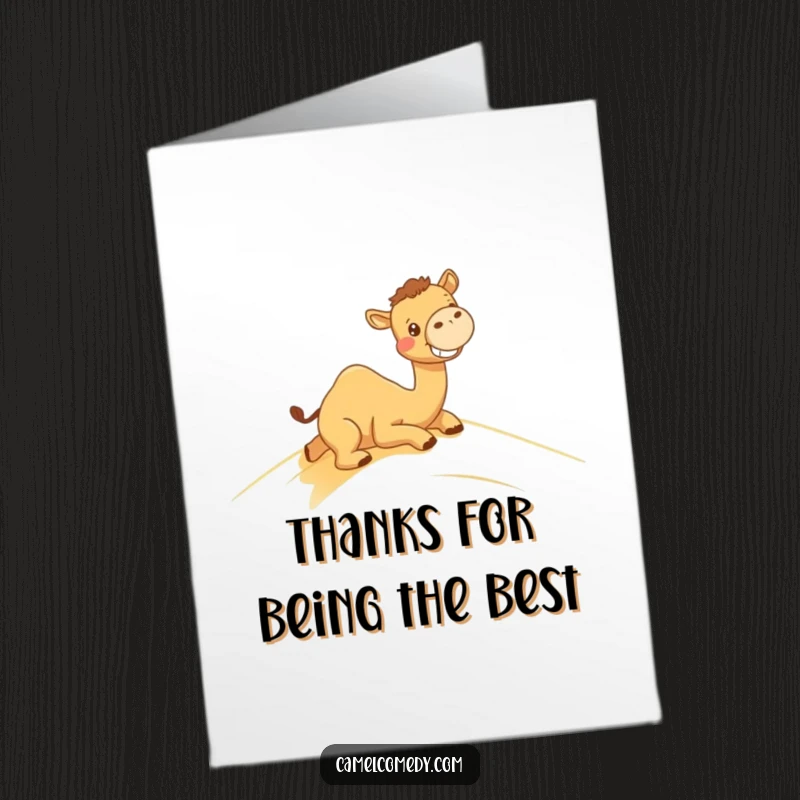 Funny Free Printable Thank You Card: Kawaii camel hilariously sliding down a sand dune, conveying thanks.