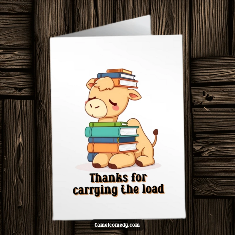 Funny Free Printable Thank You Card: A drowsy camel precariously balancing a stack of books on its head.