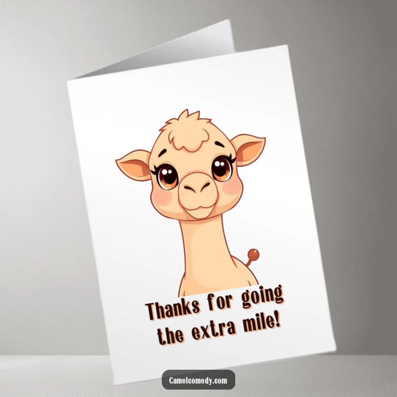 Funny Free Printable Thank You Card: Kawaii camel with a long, curious neck, perfect for expressing gratitude humorously.