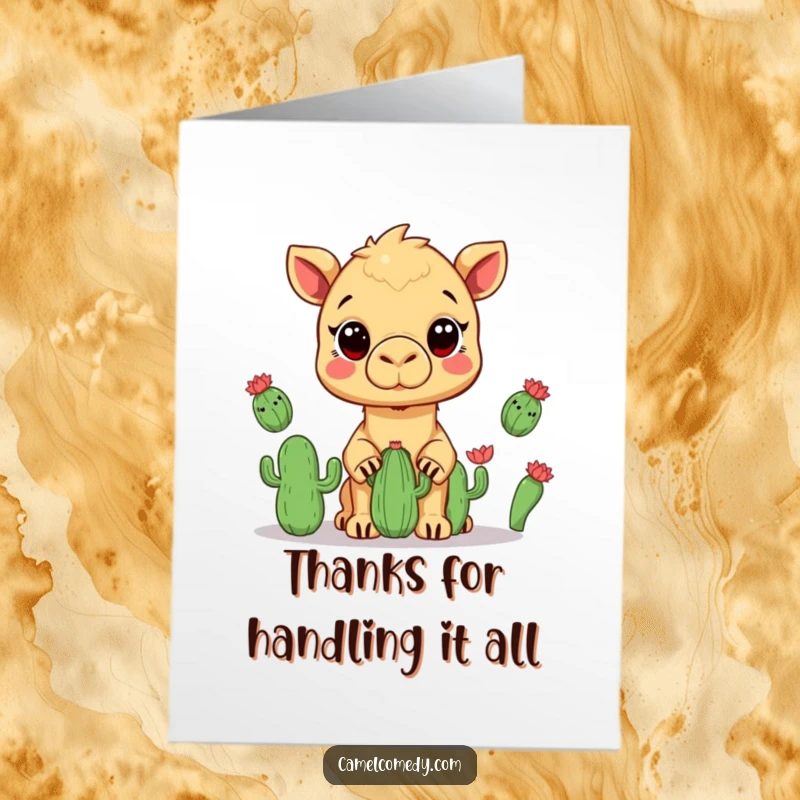 Funny Free Printable Thank You Card: Kawaii camel juggling three small cacti, humorously conveying thanks for kindness.