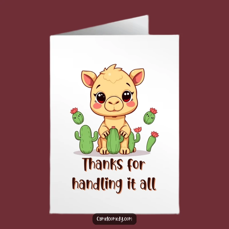 Free Printable Thank You Card: Kawaii Camel Cactus Juggling Appreciation Download