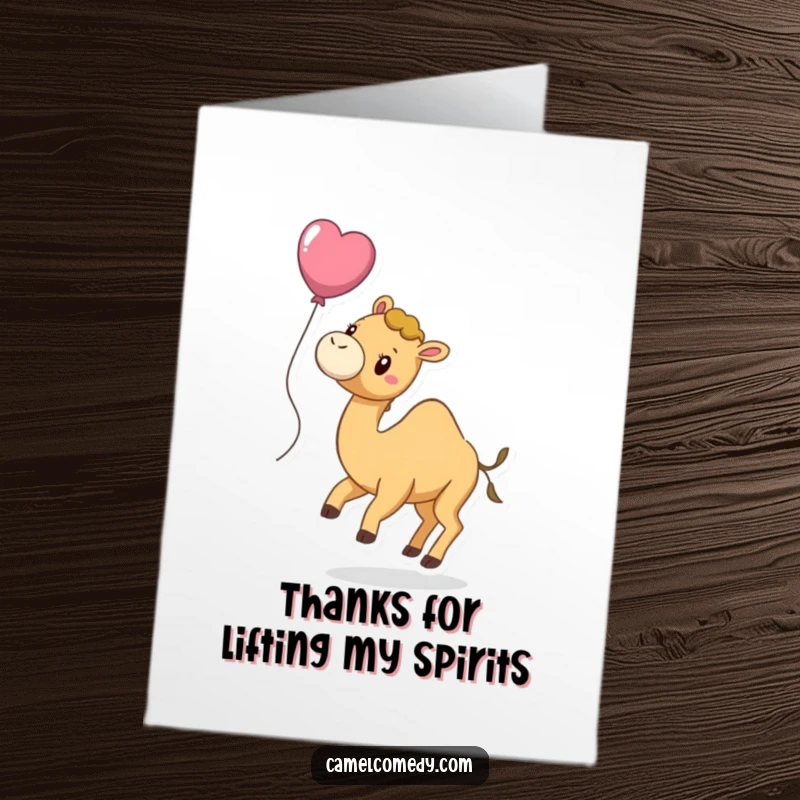 Funny Free Printable Thank You Card: A playful camel with a colorful balloon tied to its tail, floating slightly.