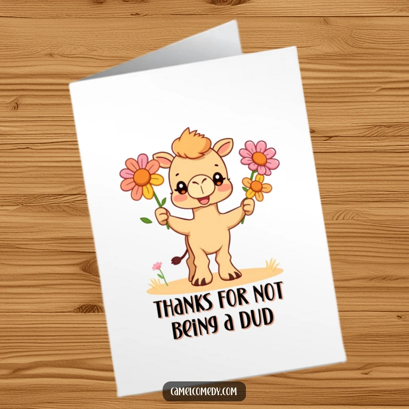 Funny Free Printable Thank You Card: A playful camel juggles desert flowers, a charmingly humorous way to express gratitude.