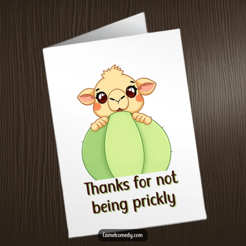 Funny Free Printable Thank You Card: A camel with wide eyes peeking over a huge cactus. Thanks a bunch!