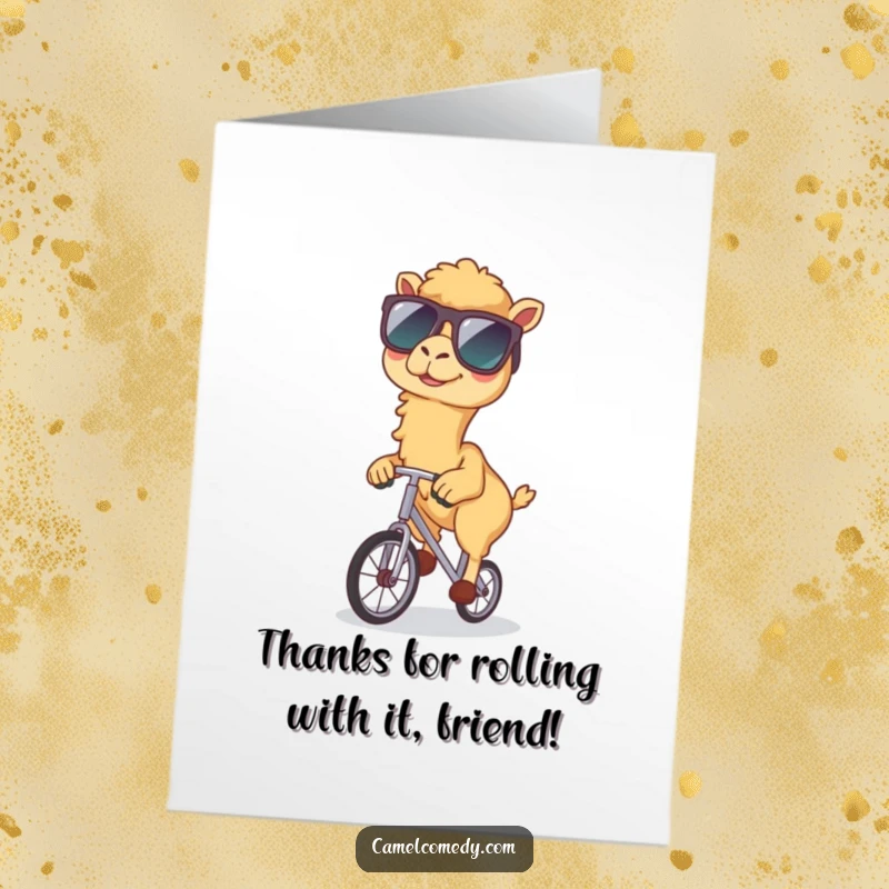 Funny Free Printable Thank You Card: A kawaii camel sporting sunglasses rides a unicycle, delivering thanks with flair.