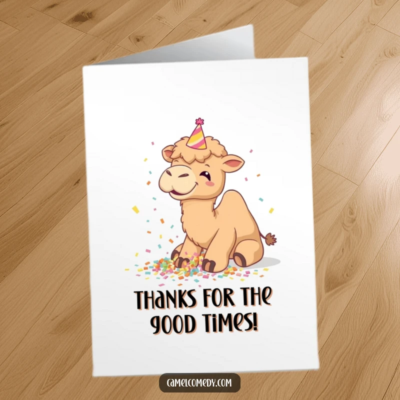 Funny free printable thank you card of a giggling camel in a party hat, spilling confetti.
