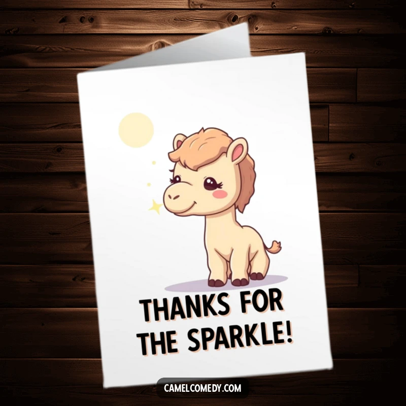 Funny Free Printable Thank You Card: A camel looks up, sniffing a shimmering moonbeam, conveying heartfelt thanks.