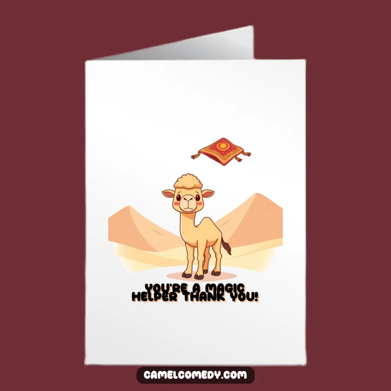 Free Printable Thank You Card: Surprised Camel & Flying Carpet - Downloadable Gratitude