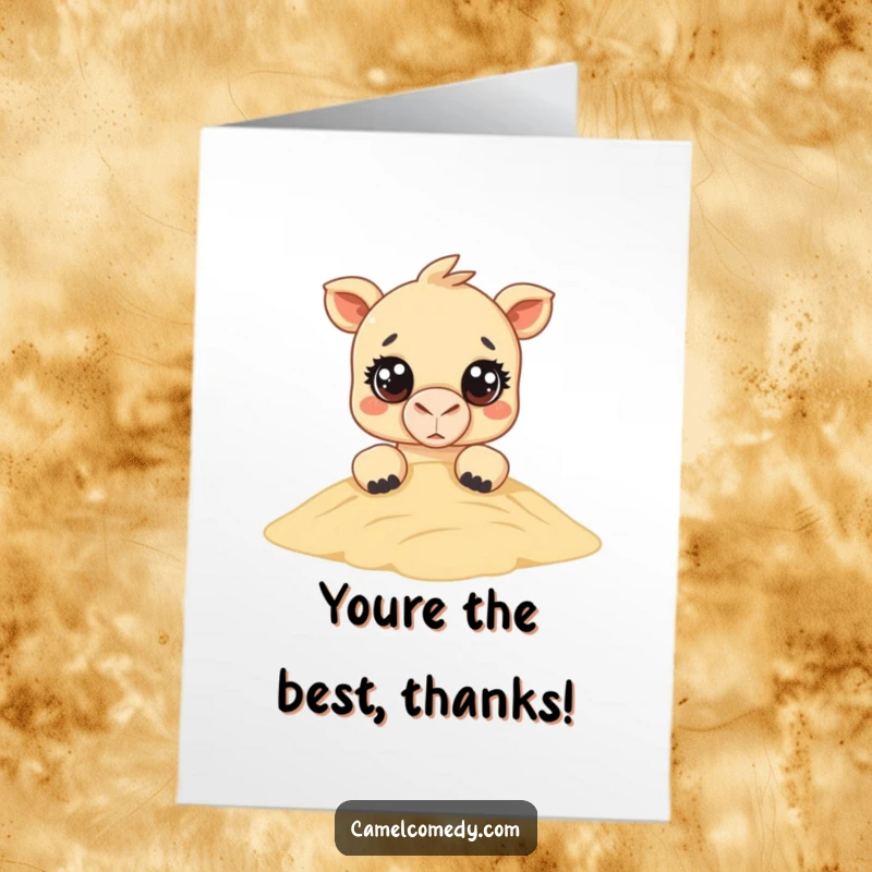 Funny Free Printable Thank You Card: A kawaii camel with innocent eyes peeks over a sand dune, sending heartfelt thanks.