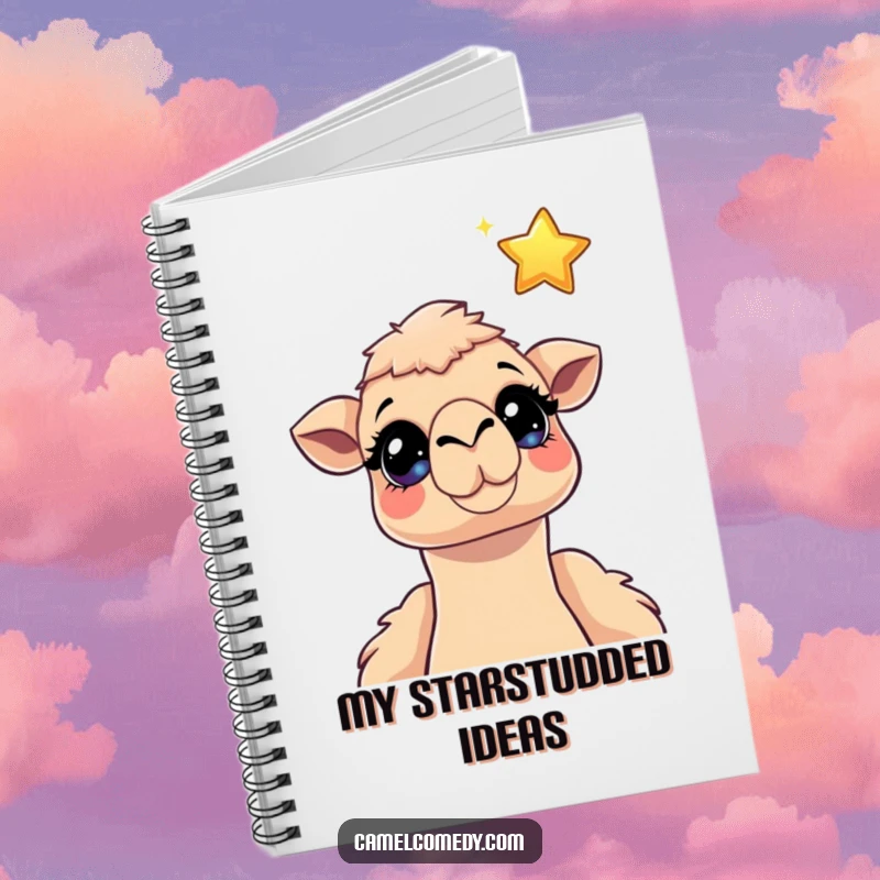 Funny camel notebook cover with a camel with sparkling eyes looking up at a floating cartoon star, for journaling dreams.