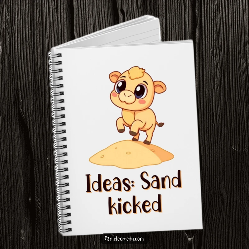 Funny, compact camel kicking a tiny sand dune, featured on the cover of a humorous notebook.