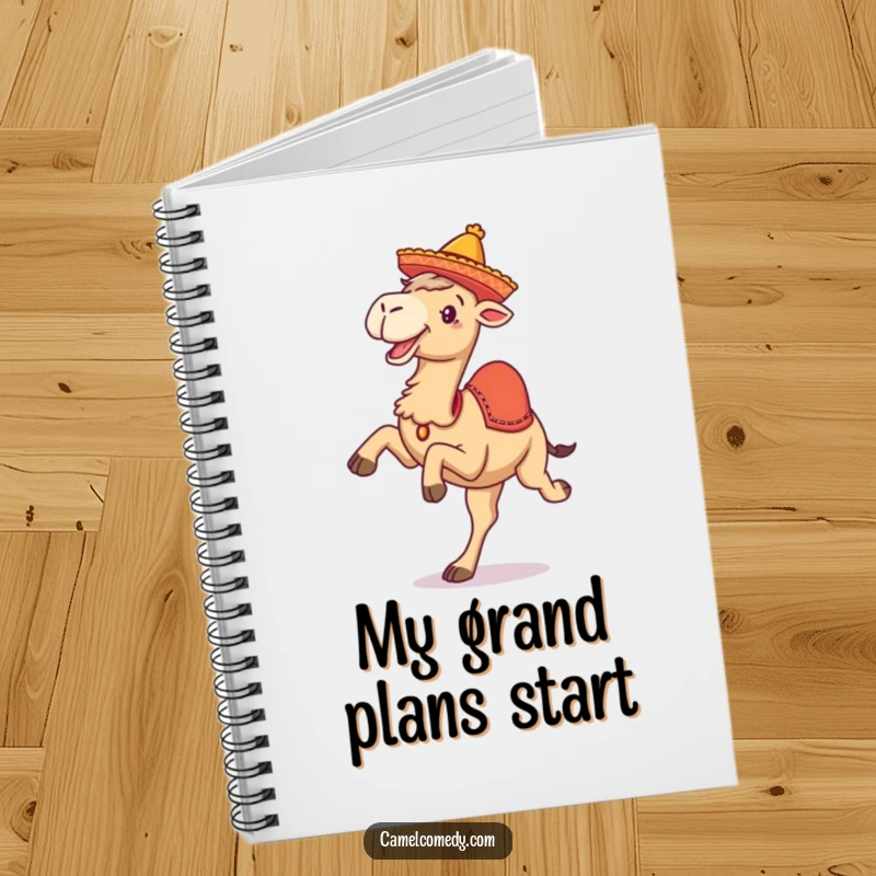 Funny notebook with a camel kicking its legs up in a sombrero, ready for brainstorming or jotting down hilarious ideas.