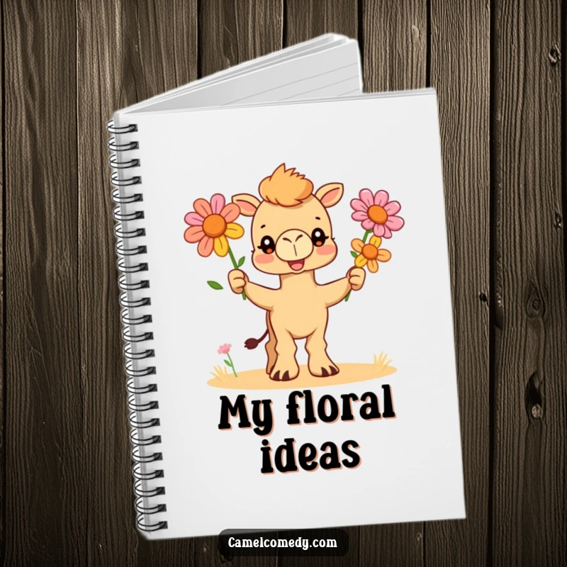 Funny notebook with a playful camel character juggling three vibrant desert flowers, perfect for jotting down notes with a smile.