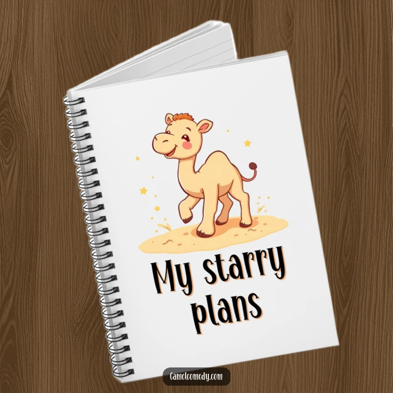 Funny camel star kicker notebook depicting a camel joyfully kicking up sand with tiny stars, perfect for capturing playful thoughts.