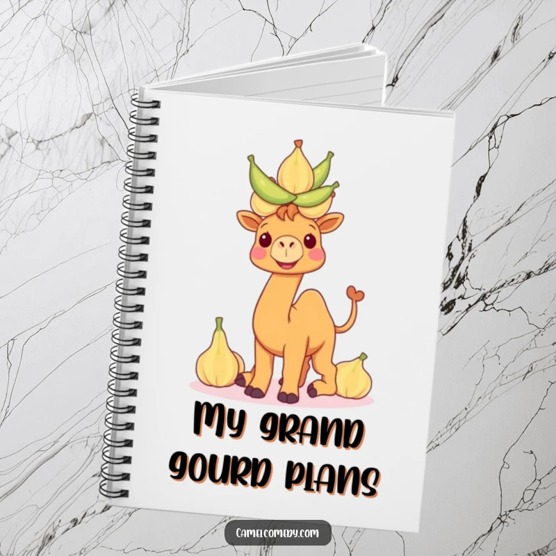 Funny camel notebook cover featuring a smiling camel balancing a tower of water gourds, ideal for journaling and desert-themed notes.
