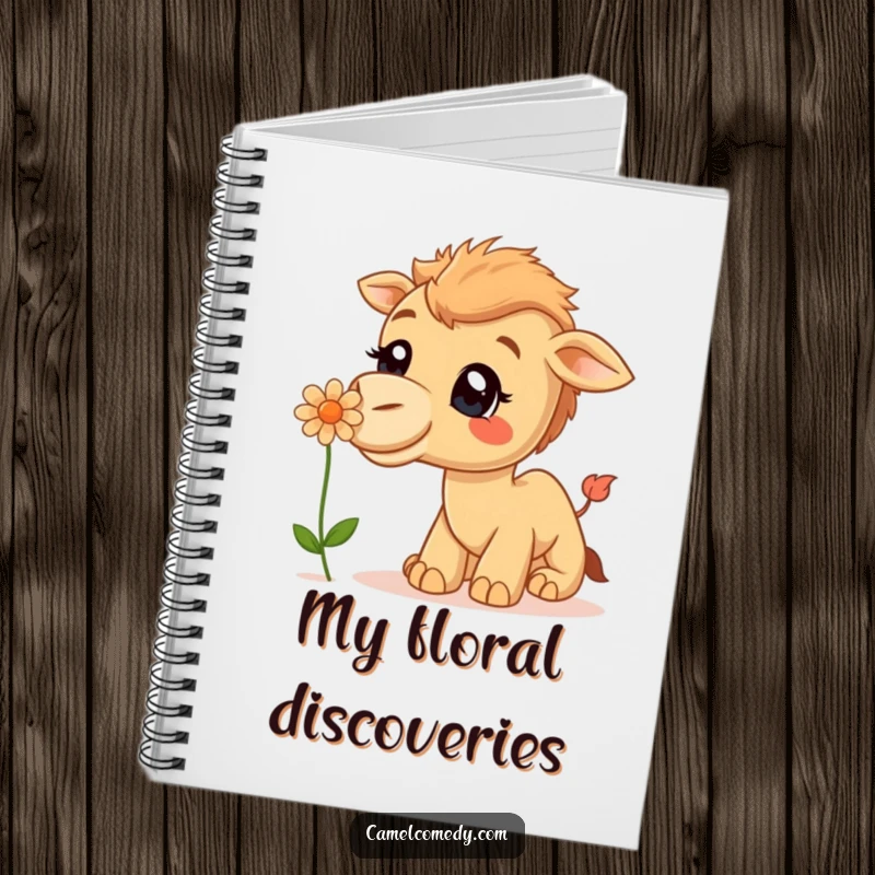 Funny Notebook cover: A curious camel with a big smile is depicted sniffing a desert flower, ready for discovery.