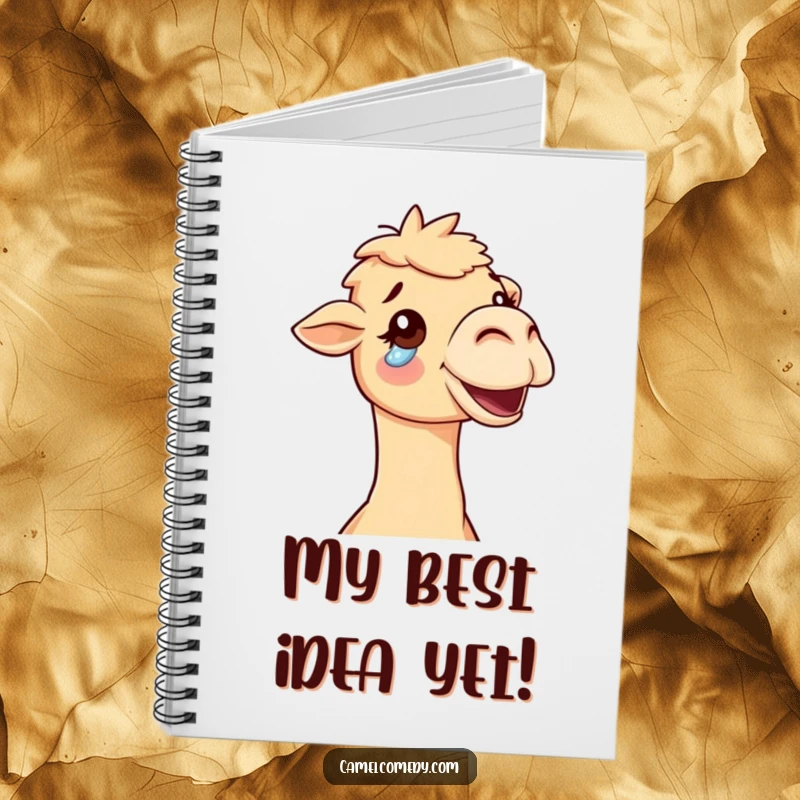 Funny delighted camel with a tear of joy rolling down its cheek, humorous notebook for capturing happy thoughts.