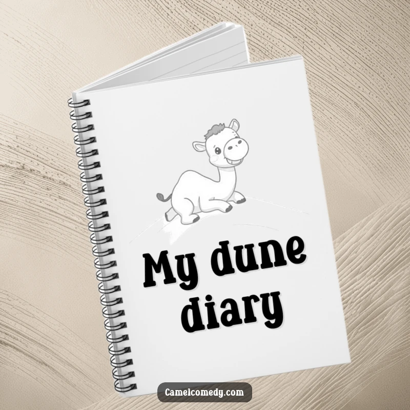 Funny notebook with a kawaii camel sliding down a sand dune with a grin, perfect for journaling humor.